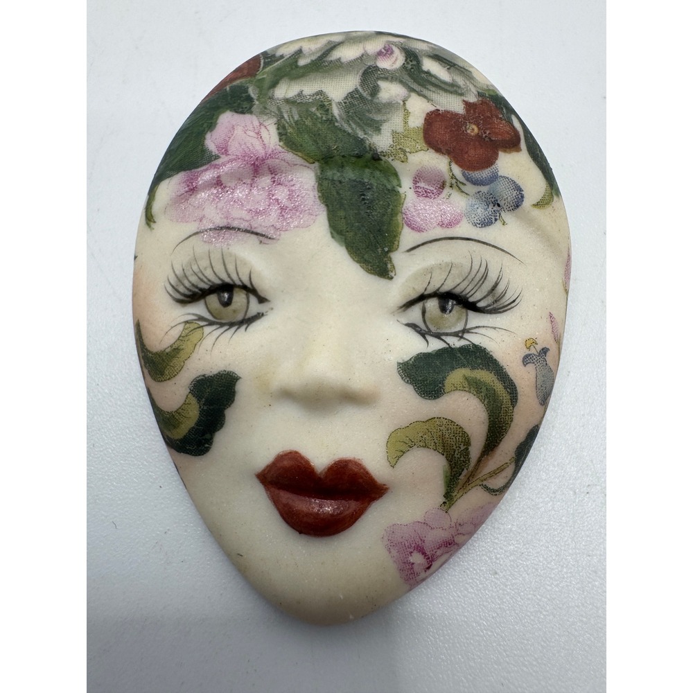 DJS Signed Ceramic Face Mask Brooch Floral Tattoo Art Deco Style Vintage Pin